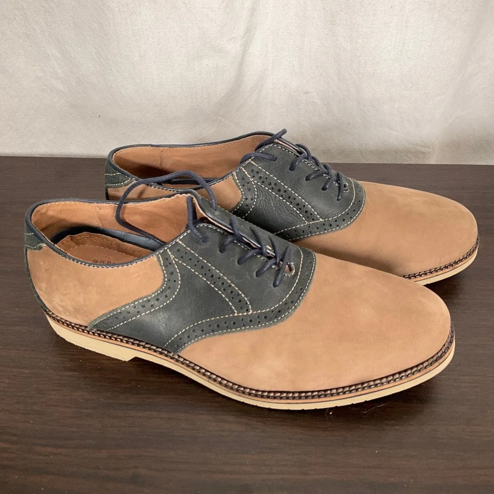 G.H. Bass Burlington Saddle Shoes Mens 11.5D Tan Navy Leather Oxford Lace Up VTG